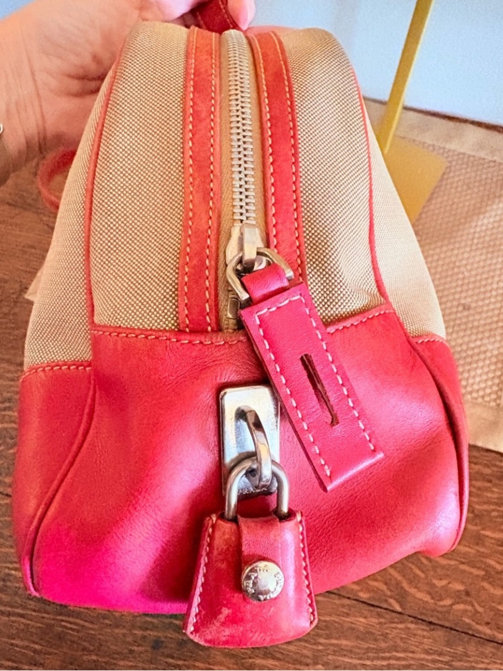 Prada Beige Canvas Shoulder Bag with Red Leather Trim COA - Picture 4 of 13
